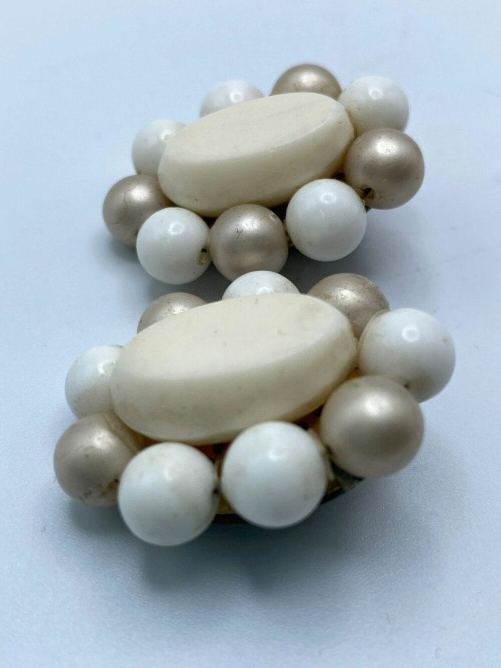 Clip On Earrings MCM White Beaded Faux Pearl West Germany 1950's 50's MARKED! - Picture 4 of 7